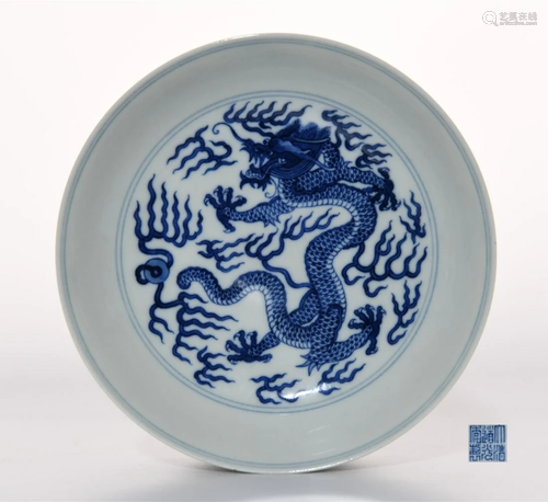 Blue and White Dragon Saucer Daoguang Mark