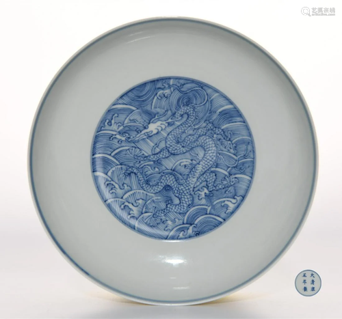 Blue and White Dragon and Waves Saucer Yongzheng Mark