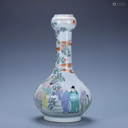Wucai Figure Garlic-shaped Vase,Qing Dynasty