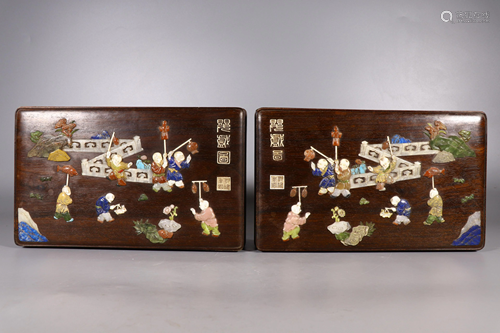 Pair Hard-stones Inlaid Rosewood Squared Boxes