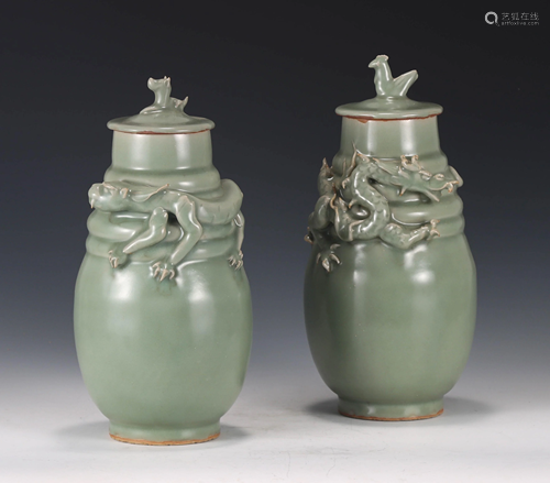 Pair Longquan Celadon Glazed Vases