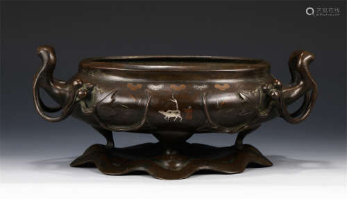 A CHINESE BRONZE INLAID SILVER INCENSE BURNER