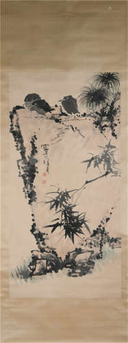 A CHINESE PAINTING BAMBOO BIRDS AND STONE