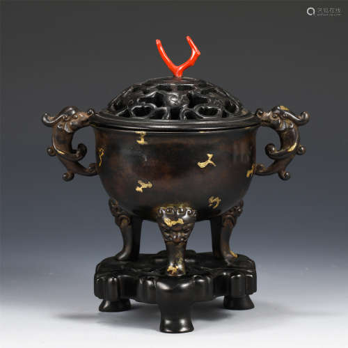 A CHINESE BRONZE INLAID GOLD INCENSE BURNER