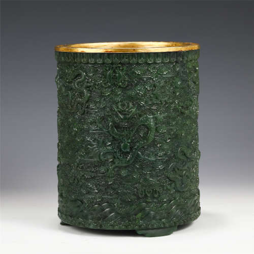 A CHINESE SPINACH JADE BRUSH POT