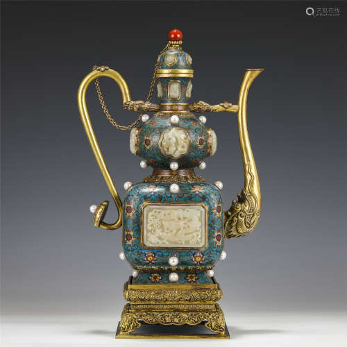 A CHINESE CLOISONNE INLAID JADE WINEPOT