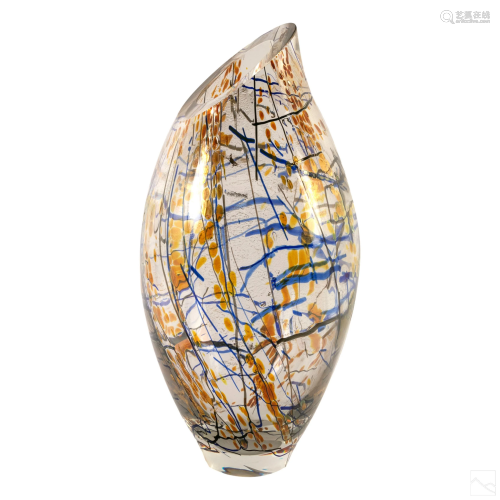 Studio Art Glass Signed Confetti Blue & Gold Vase