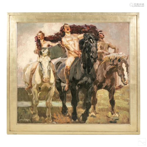 Russian Heroic Realism Nudes on Horse Oil Painting