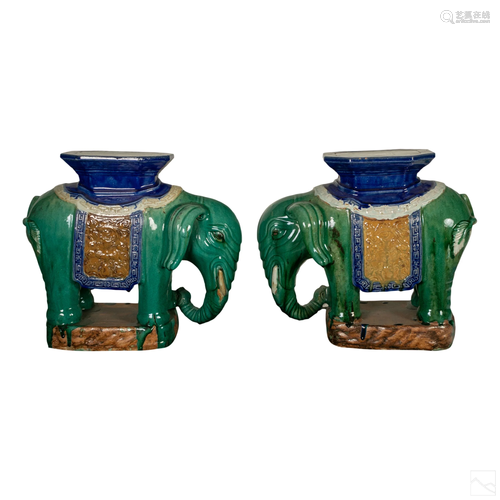 Chinese Sancai Porcelain Elephant Garden Seat Pair