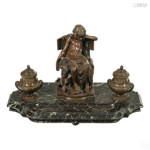 Art Nouveau Bronze & Marble Figural Double Inkwell