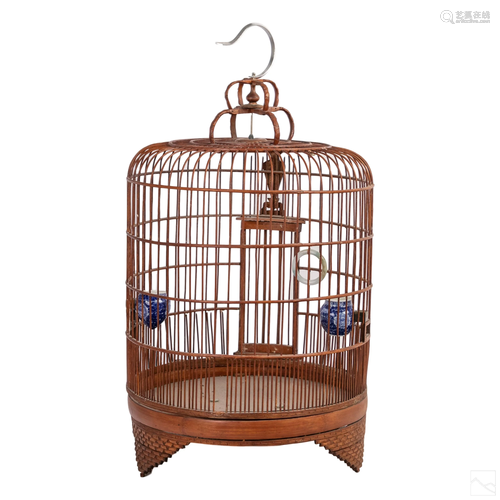 Chinese Vintage Bamboo Birdcage w Jade & Porcelain