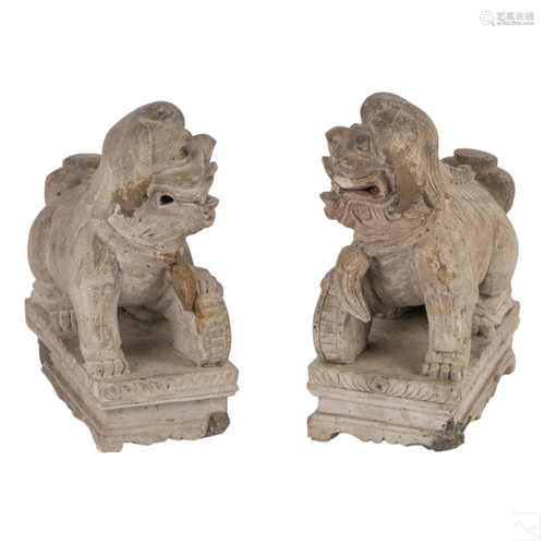 Chinese Carved Gray Pottery Foo Dog Sculpture Pair