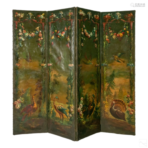 Flora and Birds Painted Antique Four Screen Panels