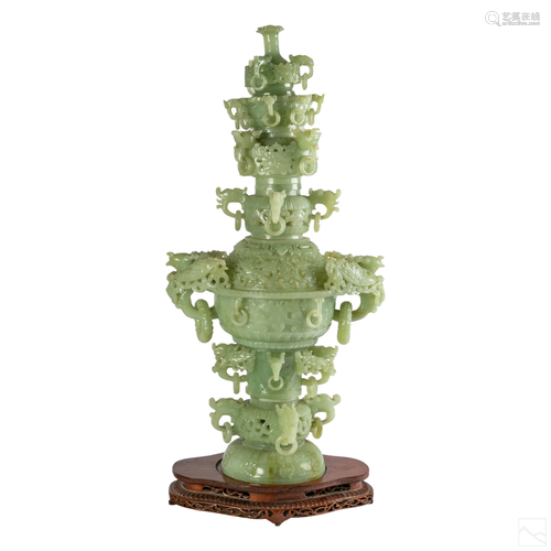 Chinese Carved Celadon Jade Tower Pagoda Sculpture