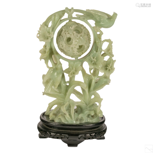 Chinese Carved Celadon Jade Mystery Ball Sculpture