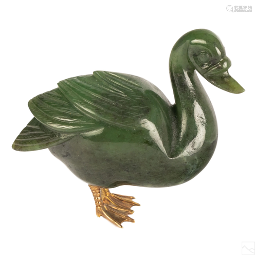 Chinese Carved Spinach Jade 14K Gold Duck Figurine