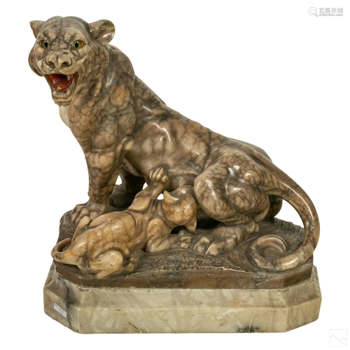 Carved Antique Alabaster Lioness and Cub Sculpture