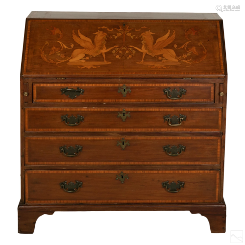 Inlaid Wood Antique Secretary Desk Dresser Cabinet