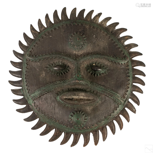 African Bronze Tribal Primitive Sun Mask Sculpture