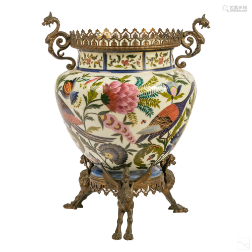 French Antique Opaline Glass & Bronze Floral Vase