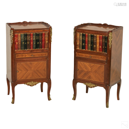 Inlaid Wood Antique Library Bookcase Cabinets Pair