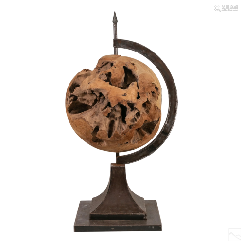Brutalist Custom Carved Wood and Steel World Globe