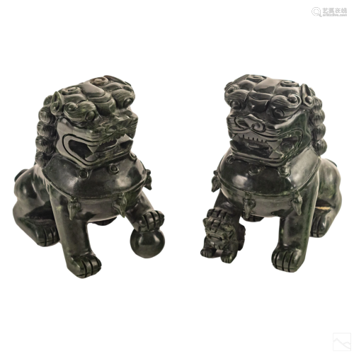 Chinese Pair Hardstone Spinach Jade Foo Dog Lions