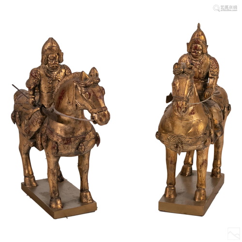 Chinese Tang Horses and Riders Wood Sculpture Pair