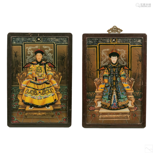 Chinese Emperor & Empress Reverse Glass Paintings