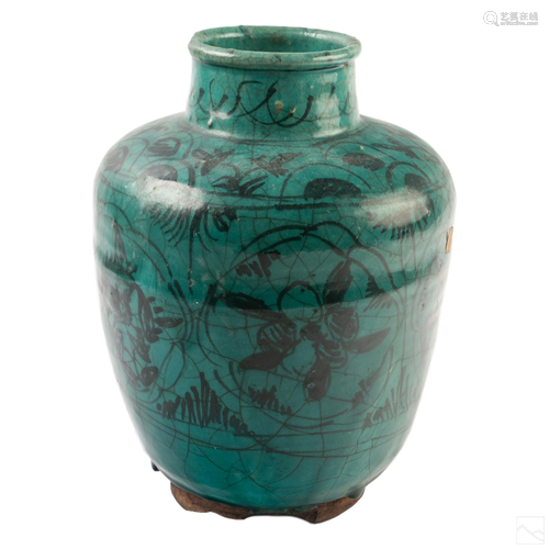 Ancient Persian Turquoise Glaze Floral Vessel Vase