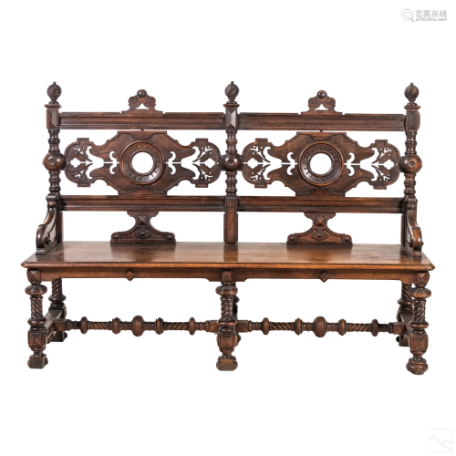 Gothic Revival Style Antique Carved Wood Bench Pew