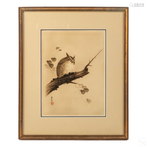 Japanese Antique Silkscreen Owl Wildlife Painting