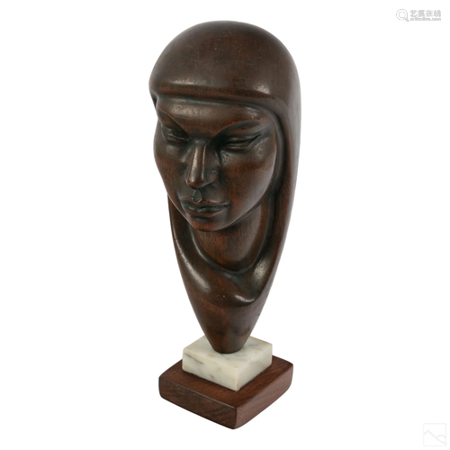 Modern Art Carved Wood Head Bust Sculpture & Base