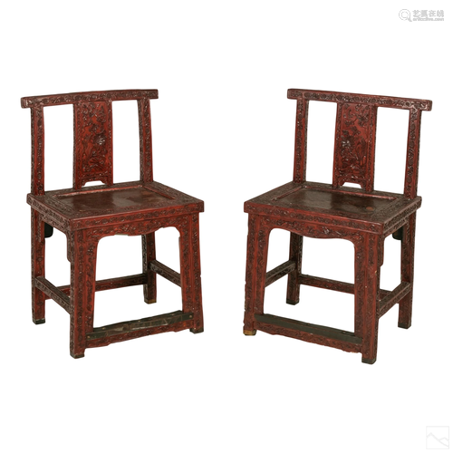 Chinese Antique Cinnabar Lacquer Landscape Chairs