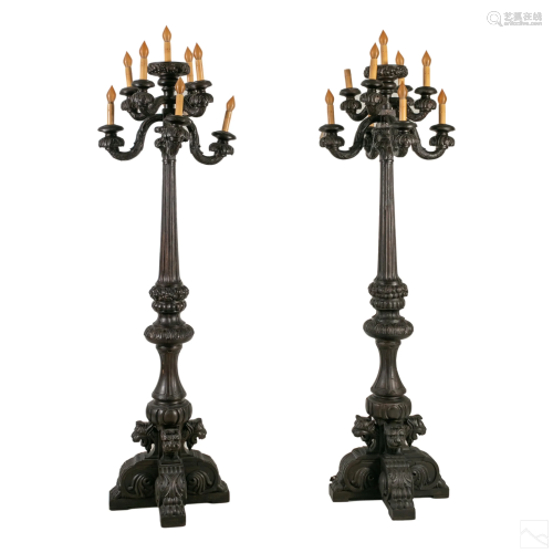 Gothic Revival Style PAIR Wood Castle Candelabras