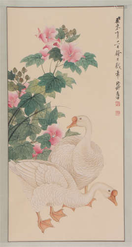 A CHINESE PAINTING GEESE AND FLOWERS