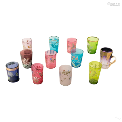 Collection of Antique Glass Enamel Floral Tumblers