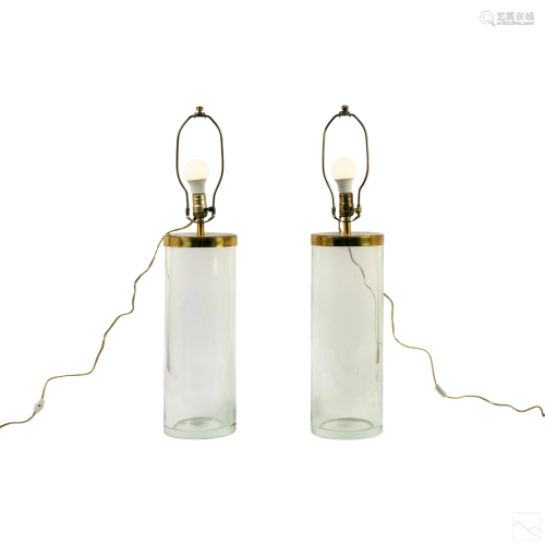 Chapman Cylindrical Glass & Brass Modern Lamp Pair