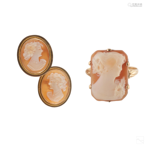 14K Gold Vintage Carved Shell Cameo Ring, Earrings