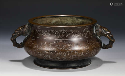 A CHINESE BRONZE INLAID SILVER INCENSE BURNER