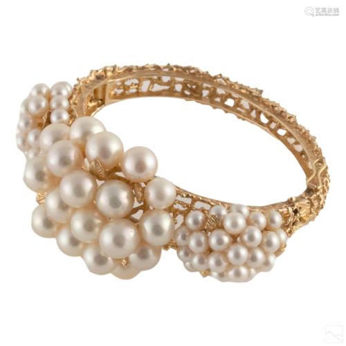 14K Gold & Akoya Pearl VTG Hinged Bangle Bracelet
