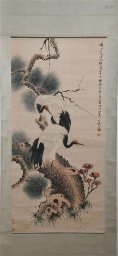 A CHINESE PAINTING CRANES AND PINE TREE