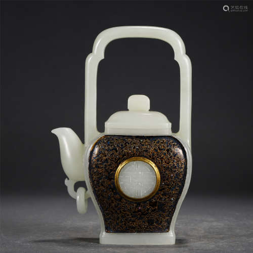 A CHINESE WHITE JADE LONG HANDLE TEAPOT