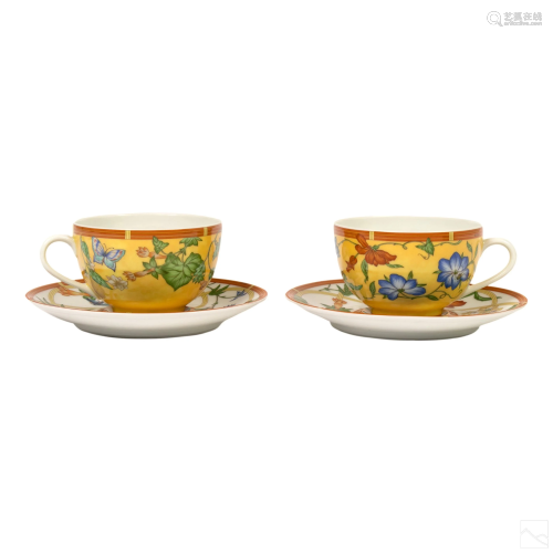 Hermes France La Siesta Footed Tea Cups & Saucers