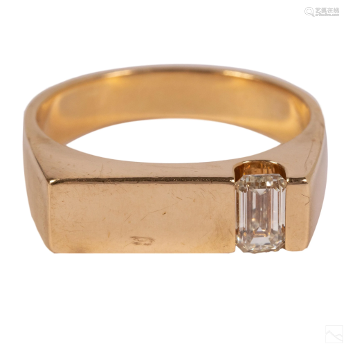14K Gold Men's Designer Emerald Cut Diamond Ring