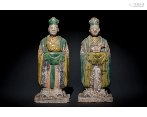 CHINESE MING DYNASTY GLAZED POTTERY PAIR OF