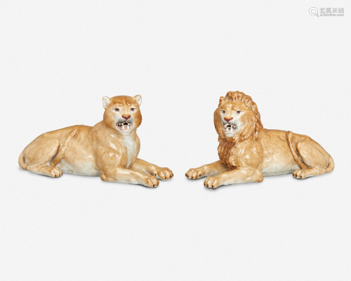 Two Meissen-style porcelain lions