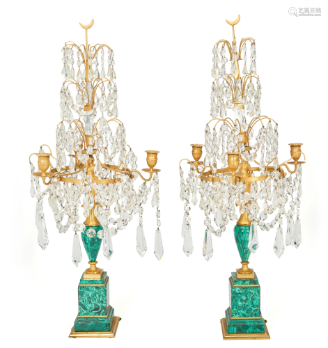 A pair of Russian gilt-bronze and malachite girandoles