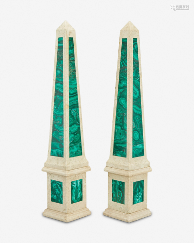 A pair of marble and malachite obelisks