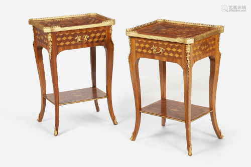 A pair of French-Louis-XV-style marquetry lamp tables
